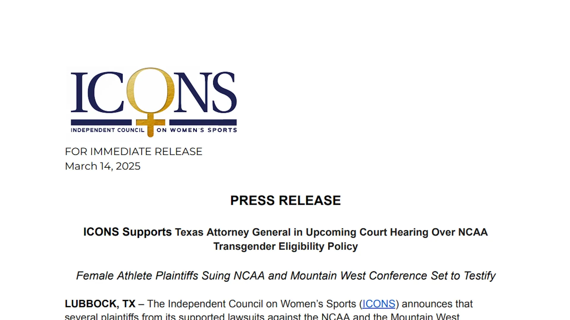 ICONS Supports Texas Attorney General in Upcoming Court Hearing Over NCAA Transgender Eligibility Policy